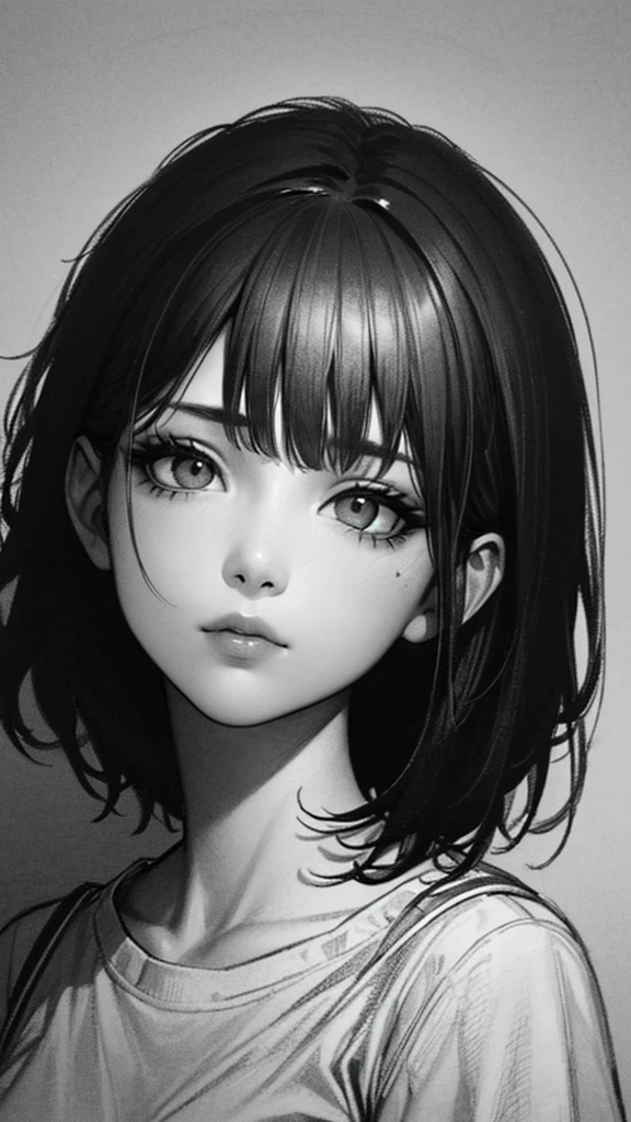 1 boyish asian girl, solo, bags under eyes, monochrome, greyscale, short black hair, portrait, T-shirt, closed mouth, looking at viewer, sketch, graphite \(medium\), detailed lips, hatching \(texture\), without makeup, bangs, upper body, (best illustration), (best quality), (very detailed), (masterpiece), expressionless,