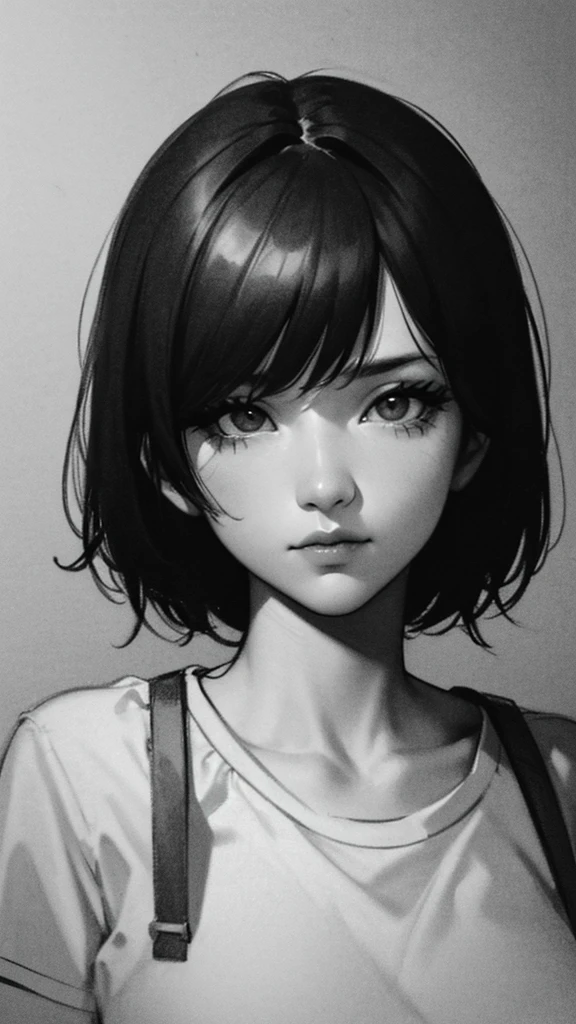 1 boyish asian girl, solo, bags under eyes, monochrome, greyscale, short black hair, portrait, T-shirt, closed mouth, looking at viewer, sketch, graphite \(medium\), detailed lips, hatching \(texture\), without makeup, bangs, upper body, (best illustration), (best quality), (very detailed), (masterpiece), expressionless,