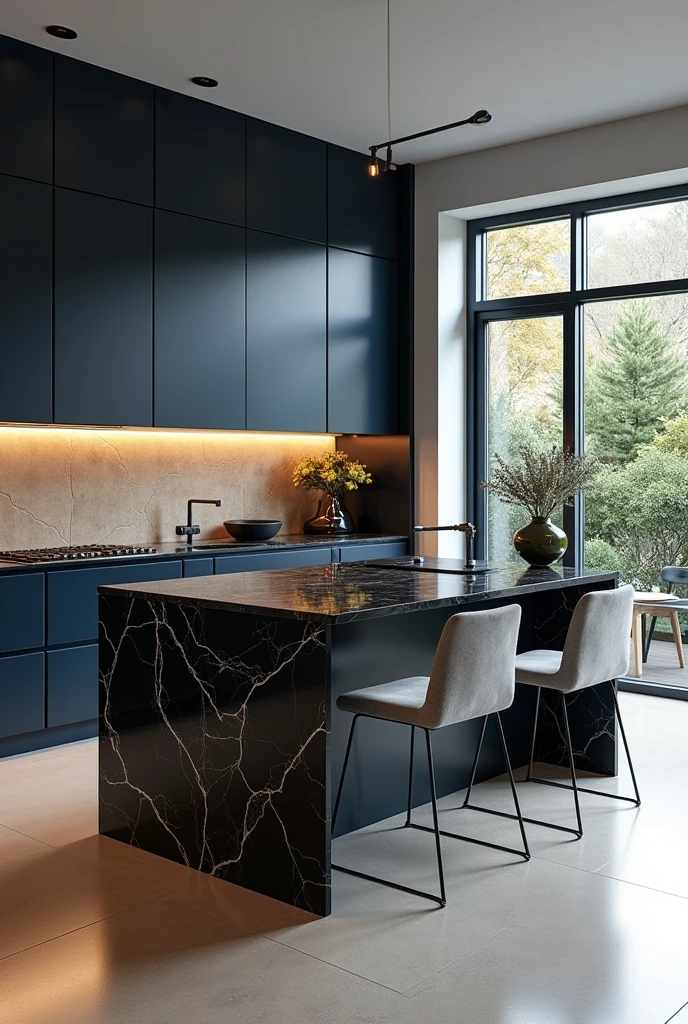 Professional 3d architecture rendering design of modern kitchen with So dark blue vintage and dark beige and dark gray and modern so light gray design chairs shiny black marble island island and modern windows and complete showing kitchen and showing complete kitchen