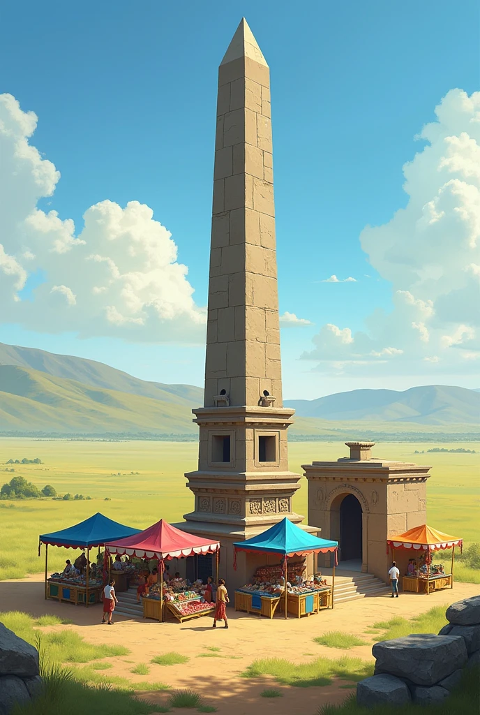 Chacamarca ovelisco in the plains of Junín with 4 merchant stands around it and a museum