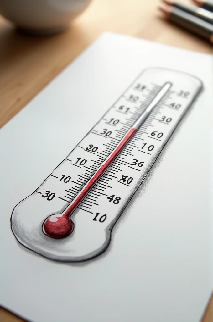 Draw a thermometer that shows a temperature of 38.4, which lies on the table in the style of realism