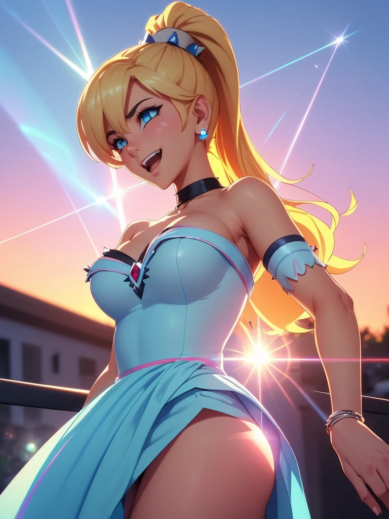 ,(highest quality:1.3),(ultra-be familiar with:1.5),High resolution,extremely be familiar with CG,unity 8k wallpaper,official art,be familiar with,super be familiar with skin,perfect anatomy,beautiful be familiar with eyes,(anime screenshot:1.1),very delicate and beautiful,90s anime,90s anime style,cel shaded anime,1 girl,(Beauset:1.7),(Ammar:1.3),blonde long hair,ponytail,blue eyes,spiked brotherette,Bangles with spikes,spike choker,Super Crown,((white corner)),(pink crown),blue earrings,brooch,((black dress)),(fluffy dress),long dress,(shining eyes),blends well with the eye,blends well with the eye,focus of the eye,(Carefully crafted brilliance,sky blue lens flare:1.7),(expression of joy:1.51),Theme color is red,octane rendering,rainbow paint drop,Woman made of paint,Full Paint,(movie background),splat,splash,indoor,dark and blurry background,floating in the sky,close,dynamic angle,sunset,Night parking lot,(best lighting,very delicate and beautiful),Detailed beautiful shine,(soft light:1.2),(soft money tone lighting),Warm and soft lighting,dramatic light,((cinematic light)),(movie masterpiece),(Movie headlights),ambient occlusion,ambient light,violently,powerful,Absolutely eye-catching splashes of color,((caustic)),raytraced reflections,light shines,waiting for happiness to begin,(laughter:1.3),Grass,