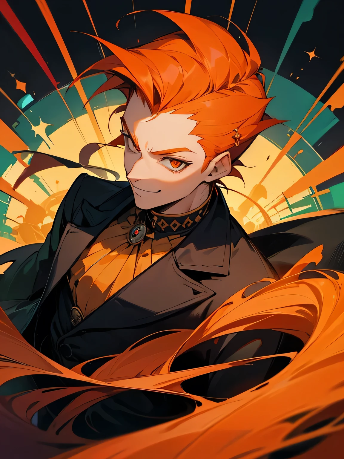 undersideview,solo, upperbody, ace of spades, orange hair, wavy spiky hair, sideshaved, grin, gentlemanly clothes, cane, circus, magician, world of many colors, colored world, kaleidoscope,