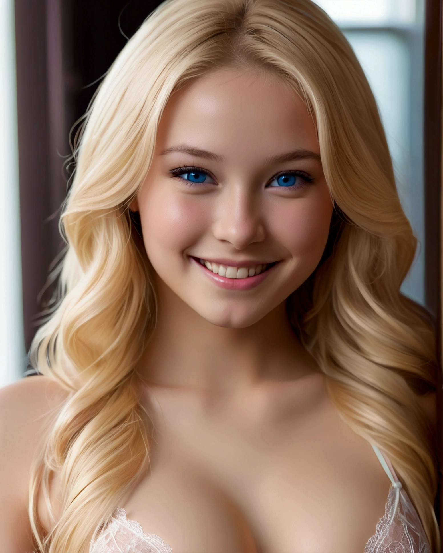 Kawai, younger girl, blonde, blue eyes, long hair, blonde,, in the room, Smiling, sheer lingerie, d-cup, cleavage, large perky breasts,  (textured skin, skin pores:1.1), (moles:0.8), imperfect skin, goosebumps, (extremely detailed 8k wallpaper), soft lighting, high quality, film grain, Fujifilm XT3 sharp focus, f 5.6, 50mm, High Detail, Sharp focus,(natural light), Sexy self-confidence, proud and independent, NSFW, prominent nipples, full body