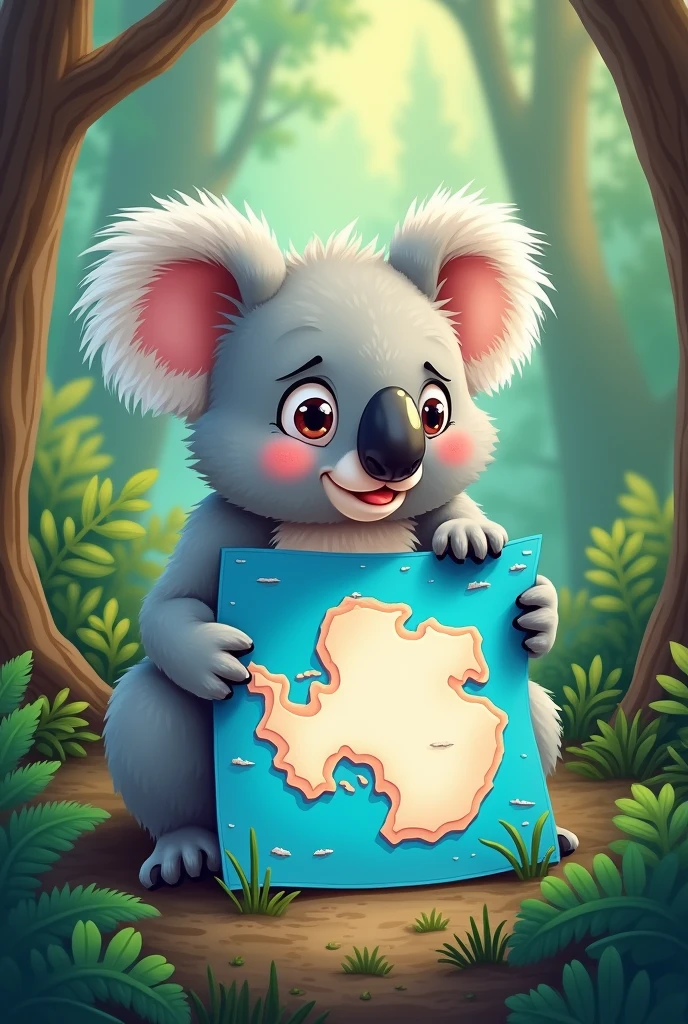 Koala in the forest with a map of Antarctica cute cartoon