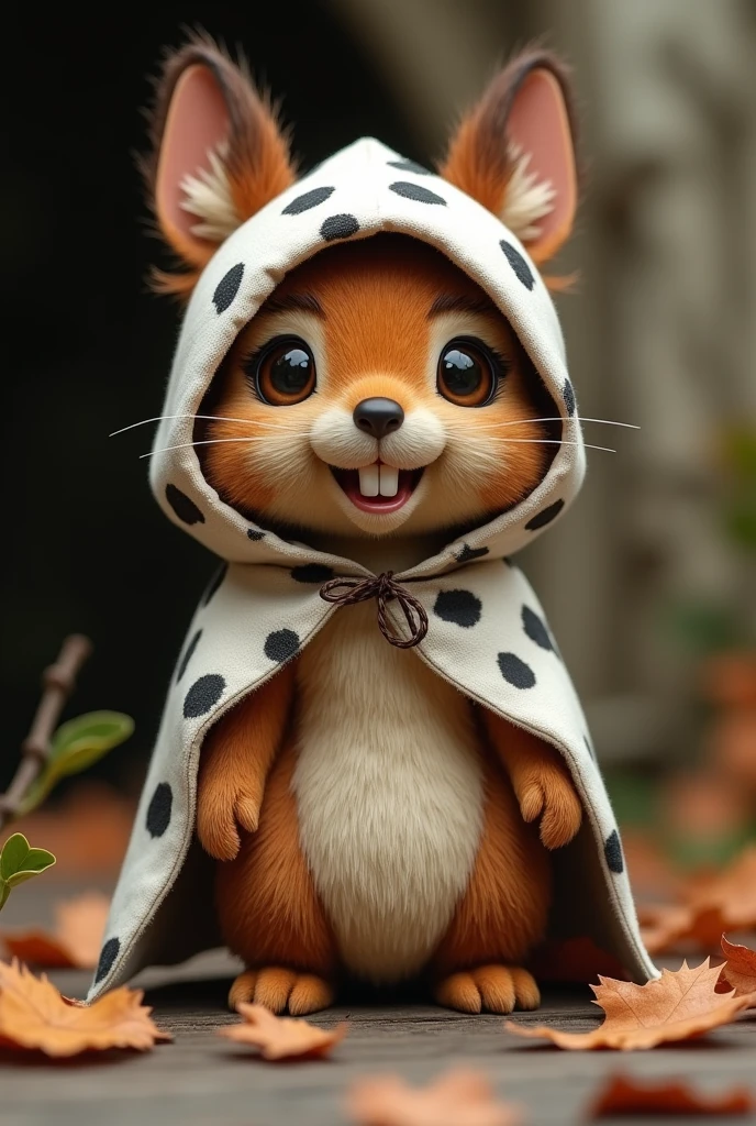 Brown squirrel doll with a white hood with black spots with a bull design and two teeth sticking out.