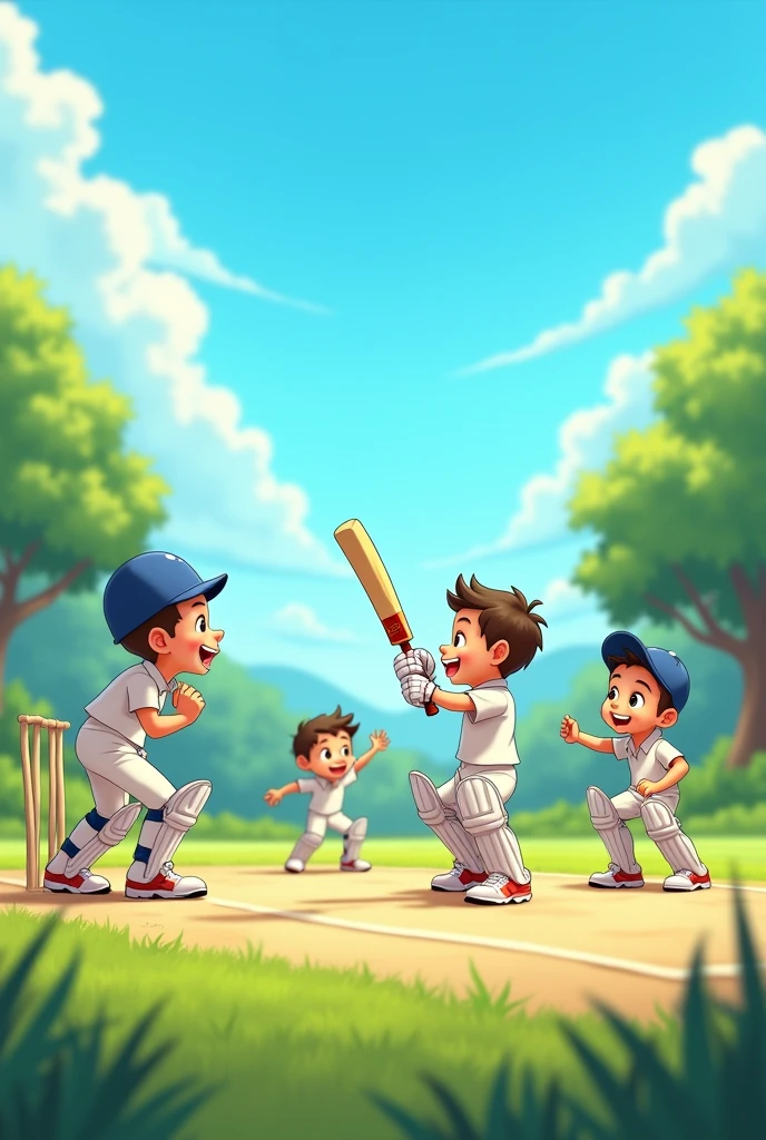 A 4 boys who loves to play cricket in a ground nature and blue sky and bat in his hand in pitch and other one on non strike and one is balling and one is fielder