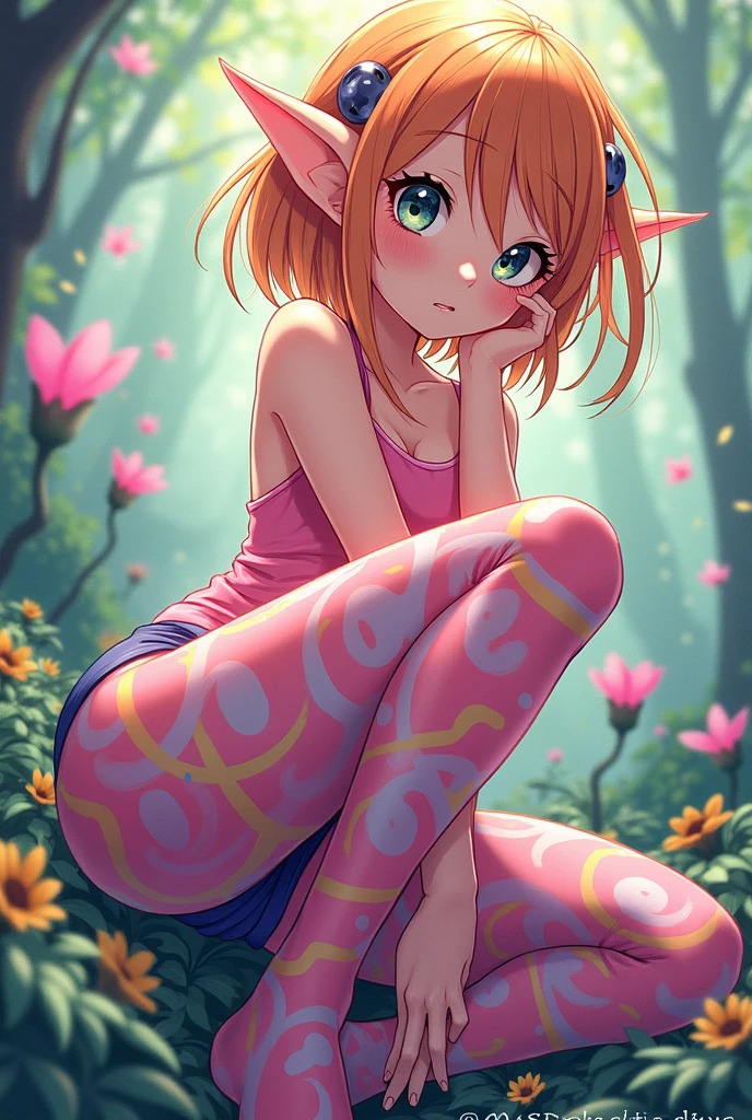 An elf, with black hentai pantyhose in colorful manga style