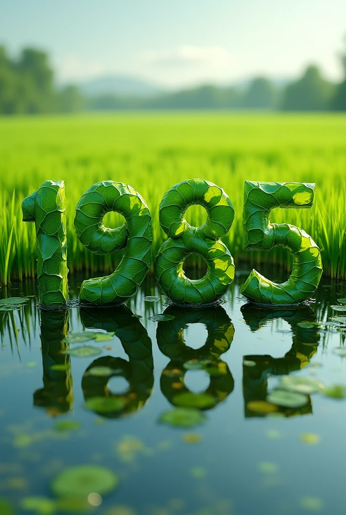 Make the letters &#39;1985&#39; with green leaves. There is a reflection below. The water surface is very clear. The background is lush green rice paddies. The most realistic 64K image