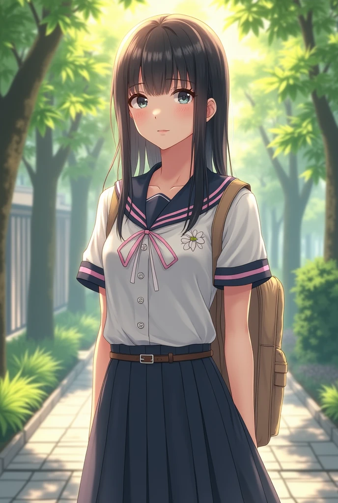 Picture of a beautiful girl in a school uniform standing outdoors, wearing a short-sleeved white shirt, a blue collar, a white tie, white buttons down the front, the shirt has light pink stripes at the ends of the sleeves and on the collar, wearing a dark gray A-line skirt, with a dark brown belt, a white flower on the left chest, straight black hair in front, carrying a light brown backpack on the back, the background is green trees, the trees have sunlight shining on them, making the leaves light green, the floor is gray, covered with tiles, sunlight shining on the face, making the face look bright.