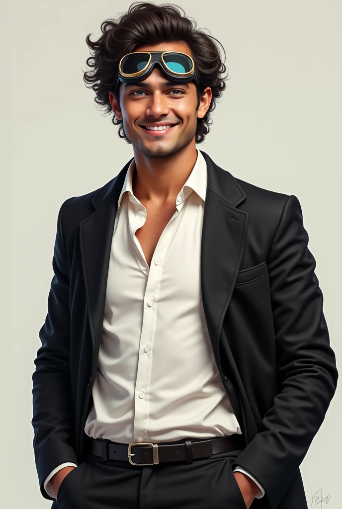 Man ,aval nepali face,curly hair,blue eye,white skin,medium nose,white shirt,balck pants and coat,smile on face,googles on eyes