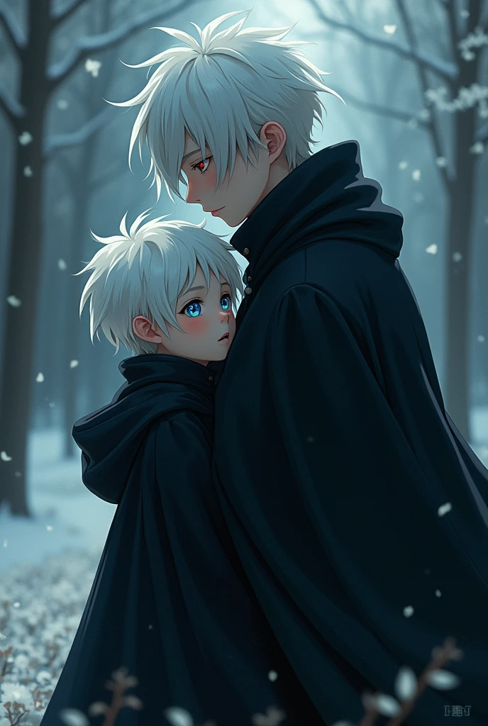 Boy love story for my novel: A Boy 2 with white hair, blue eyes and a Shinigami with black coat, red eyes