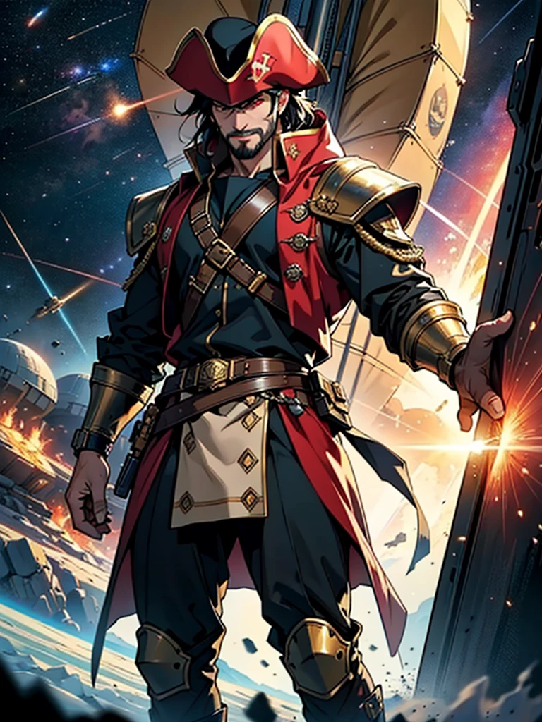 Space action movie poster. Best quality, masterpiece, a high resolution, One, One focus, 1 boy, mature man, black hair, Red eyes, (perfectly drawn face), facial hair, Smirks, (Long sleeves, Pirate Costume, pirate hat, Pirate boots), space background, standing on the wheelhouse of a space pirate ship, V-shaped eyebrows, Evil grin, Behind me, a space battle is taking place in the dark background., battleship explosions, Wearing the Desert Cloak, Wearing full heavy mecha armor, Fighting pose, War of alien civilizations, The smoke from the gun fills, Gold coins scattering, Soldier in armor, full armor, Against the backdrop of a bright space battle and explosions of space battleships, almost perfect, Light red color, Scatters gold coins. In its purest form, intricate details, Post-production 8K, high resolution, super detail, trending on artstation, Sharp Focus, intricate details, Very detailed, dynamic movement, engineering ingenuity, hard breath, (oppressive attack)