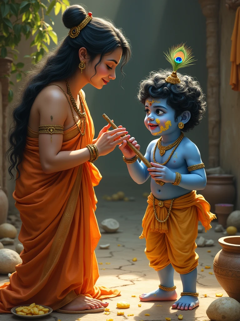 Depict a beautiful moment of Mother Yashoda scolding her son Little Krishna playfully as he stands with a broken pot of butter, his face smeared with it. Despite her scolding, her eyes are filled with love. Krishna, with his blue skin, mischievous grin, peacock feather, and flute in hand, looks back at her with a playful expression.