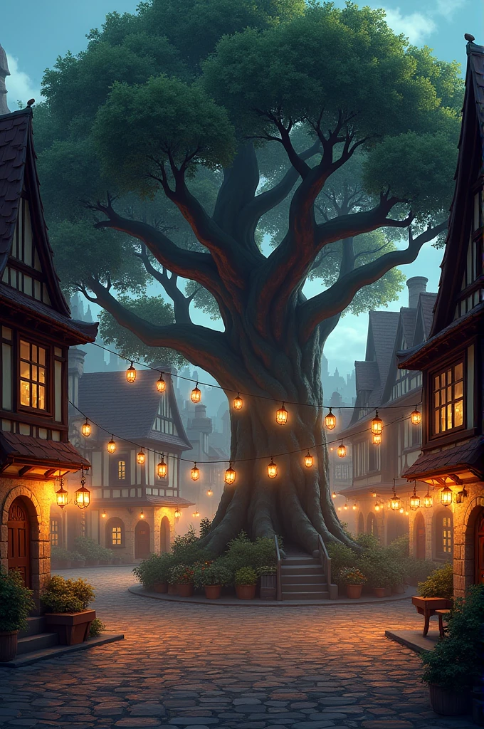 Create a quaint, old village square at dusk with cobblestone streets, surrounded by historic buildings with warm, glowing windows. In the center, place a large oak tree with hanging lanterns.”**