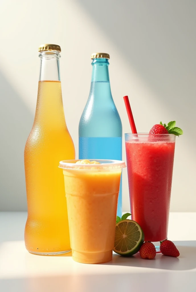 Put these four types of food in one image Soda. (bottle)
Water. (bottle)
smoothies. (Plastic cup)
Natural Freshness. (Plastic cup)