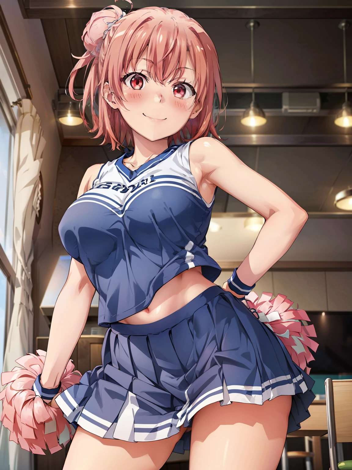 ((Highest quality, High resolution, Perfect Pixel, 4K)), (Beautiful Anime), Depth of written boundary、
Watching the audience,
Perfect body,
yuigahama yui, (Big Breasts:1.2)、 Red eyes、 short hair, Single hair bun、
(cheerleader, pom pom \(cheerleading\), pleated skirt:1.2),
(blush:1.3)、smile、
View your viewers, From below,
indoor、Hotel、
throw, on, Straddle, Sex,