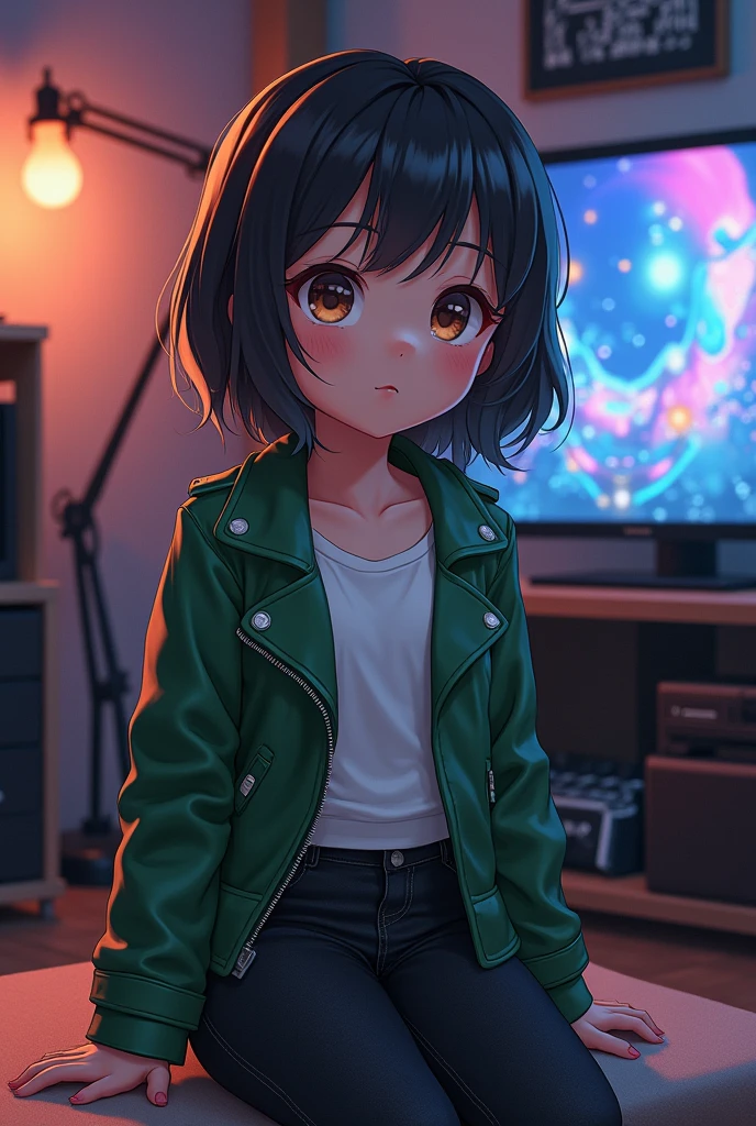 An anime girl around 2 sitting in her gaming room and telling a story keeping her hand down on her leg. closing her mouth. She is Wearing a green leather jacket a white T-shirt and black jeans