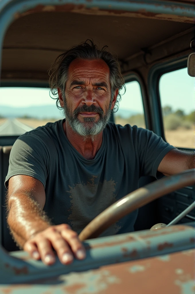 Help me create an image of a dirty man in a black t-shirt driving a white Chevrolet Chevy