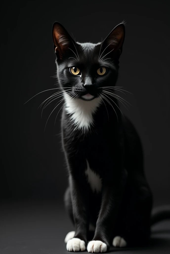 Create a black cat with white paws and a white face