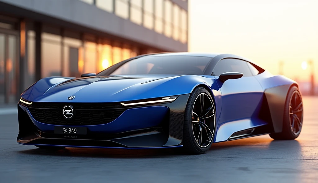 Create a high quality 16K HD image, ultra realistic, photo realistic, plan de3/4 before, prototype opel, avec les trait distinctif de l’opel Astra 6, coupe version, with features reminiscent of the Opel Manta E, the features of the 504 legend. Grille front opel visor, feu diurne allumer, rear window slightly tinted, revealing a modern interior, two-tone body colors kabalt blue metallic and black, black rim. Positioned on esplanade with modern buildings in the background, soleil couchant, reflection of the rays on the bodywork