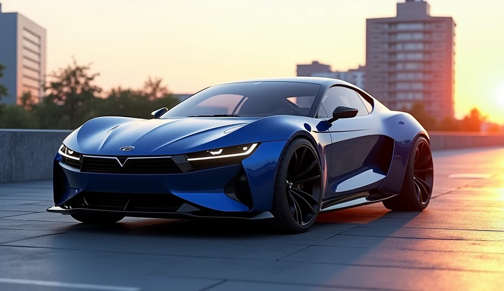 Create a high quality 16K HD image, ultra realistic, photo realistic, plan de3/4 before, prototype opel, avec les trait distinctif de l’opel Astra 6, coupe version, with features reminiscent of the Opel Manta E, the features of the 504 legend. Grille front opel visor, feu diurne allumer, rear window slightly tinted, revealing a modern interior, two-tone body colors kabalt blue metallic and black, black rim. Positioned on esplanade with modern buildings in the background, soleil couchant, reflection of the rays on the bodywork