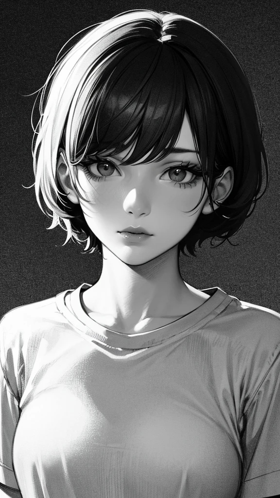 1 boyish girl, solo, bags under eyes, monochrome, greyscale, short black hair, portrait, T-shirt, closed mouth, looking at viewer, sketch, graphite \(medium\), detailed lips, hatching \(texture\), without makeup, bangs, upper body, (best illustration), (best quality), (very detailed), (masterpiece), expressionless,