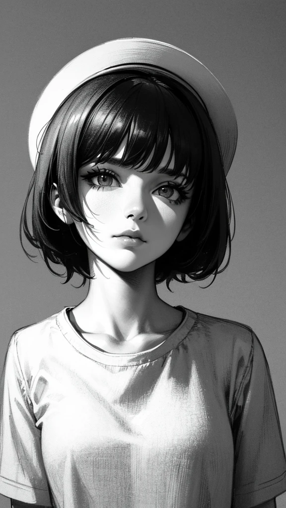 1 boyish girl, solo, bags under eyes, monochrome, greyscale, short black hair, portrait, T-shirt, closed mouth, looking at viewer, sketch, graphite \(medium\), detailed lips, hatching \(texture\), without makeup, bangs, upper body, (best illustration), (best quality), (very detailed), (masterpiece), expressionless,