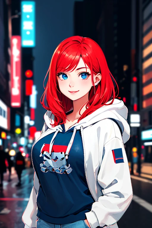 high quality, subsurface scattering, chromatic lighting,
colorized, red + white limited color palette,
detailed concept drawing,
Shibuya street girl, cyberpunk, futuristic,
portrait, 20yo 1girl, medium soft breasts, slender, hoodie, long red hair, blue eyes, smiling, posing like a model