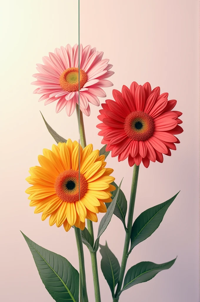 Generates an image of 3 gerberas that is divided into 9 by a line