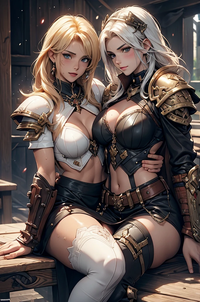 warhammer_40k, sister_of_battle, battle_sister, leather, white_hair, breasts, nipple_piercing, curvy, armor, topless, nsfw, hentai, warhammer, adepta_sororitas, lesbians, ahegao, pauldrons, scar, sitting, masturbating, pussy, wet_pussy, grool, clitoris, clothing damage, grope, fondle, 3_girls, sweat, muscular, 