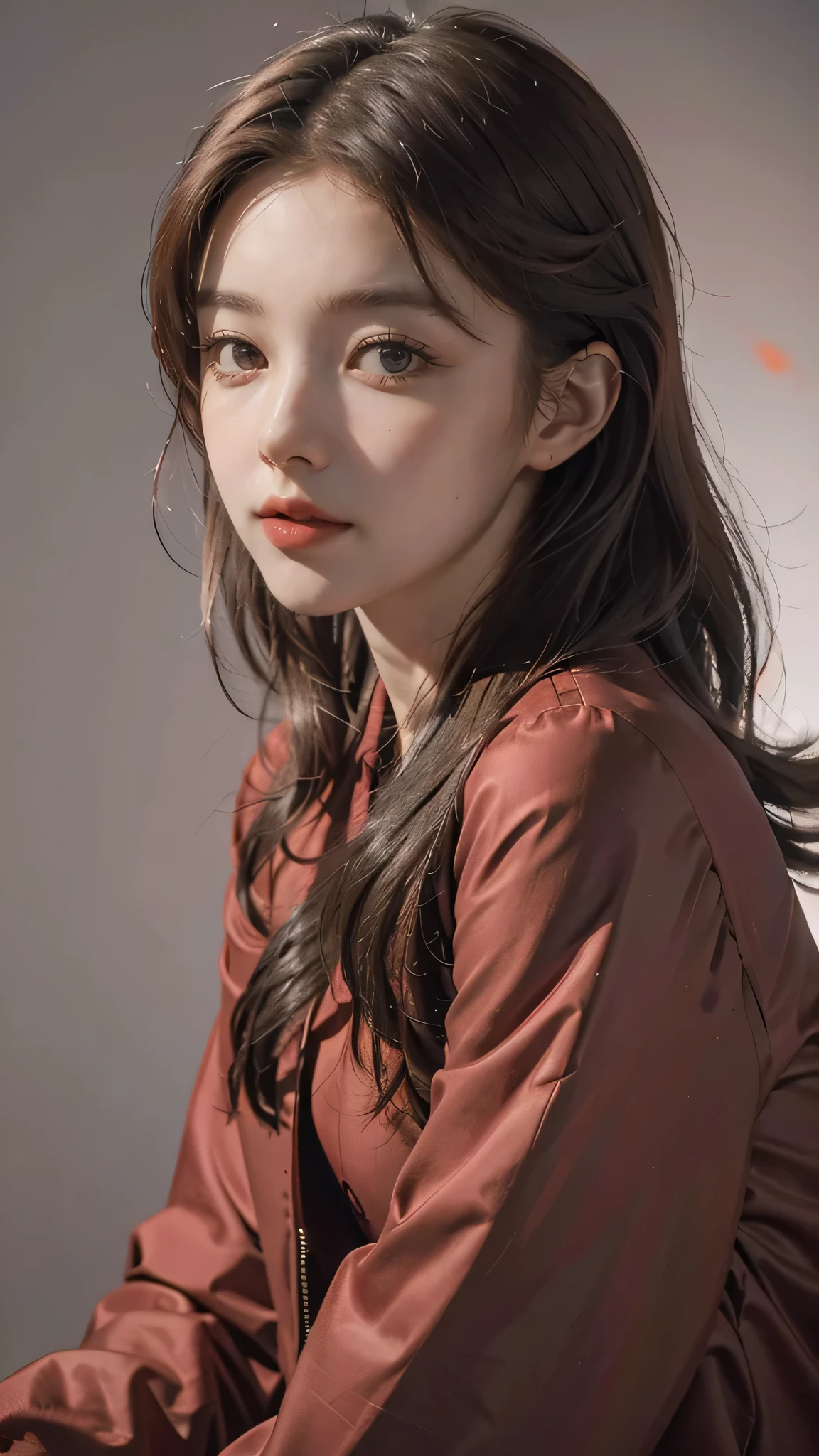 Girl wearing, luxury red coat, shoulder length hair, wavy hair, glowing skin, star in eye, red lips, grey background, cute poses
