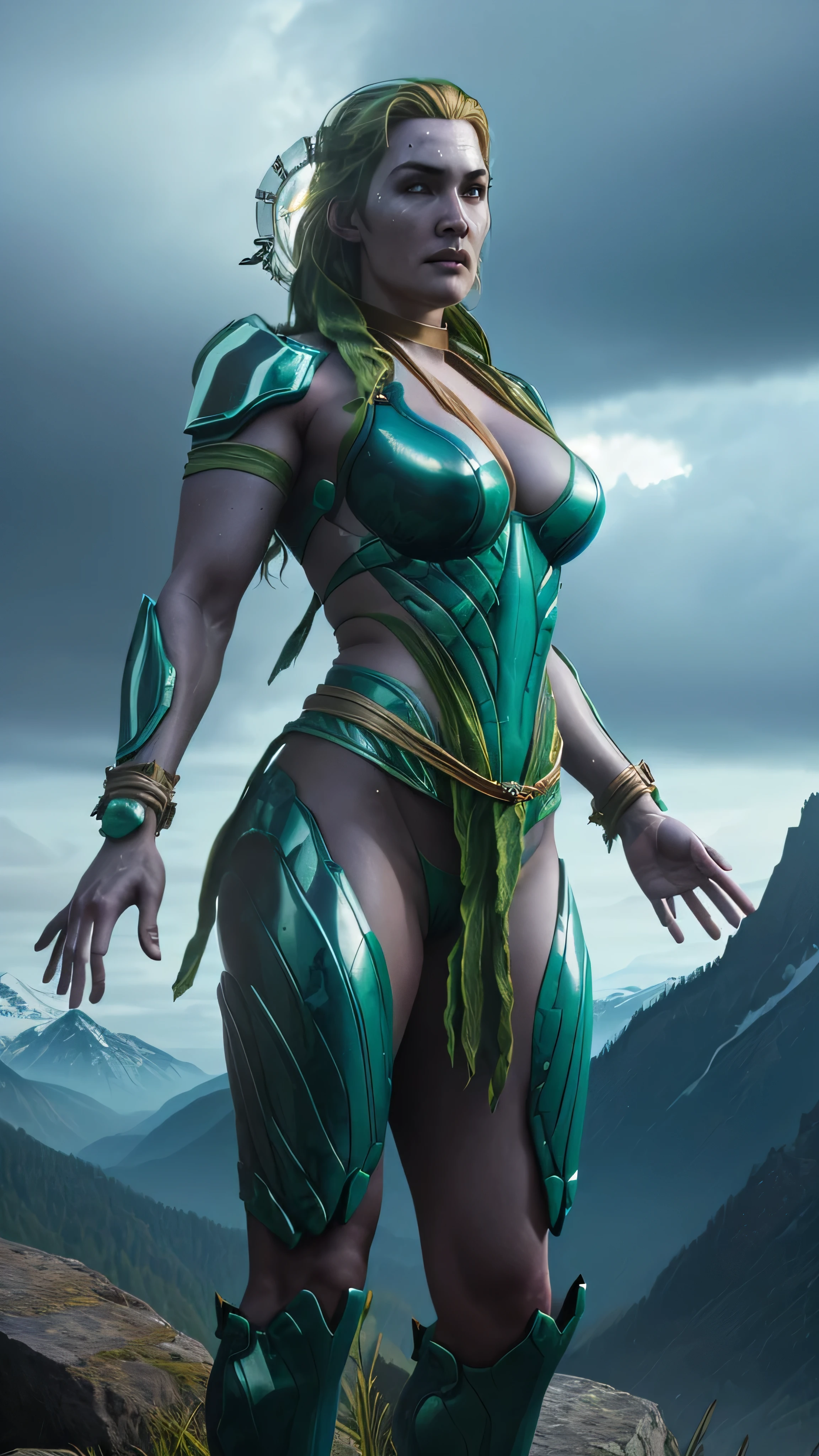 (Kate Winslet) as Cetrion from Mortal Kombat, green hair, green eyes, facial mark, fit body, armor, bracelet, tiara, standing, floating object, mountains, cloudy sky, (insanely detailed, beautiful detailed face, masterpiece, best quality), cinematic lighting, 1woman, solo, full body view, front view, looking at viewer, intricate, high detail, sharp focus, dramatic, photorealistic painting art by greg rutkowski