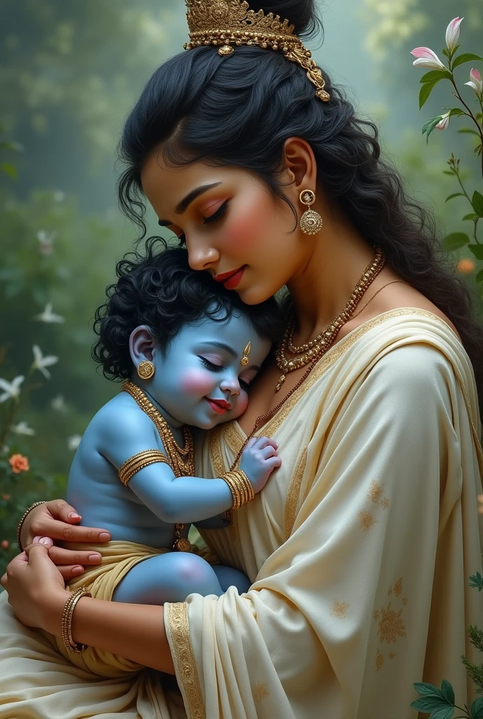 Create an image of little blue krishna of his mother holding him