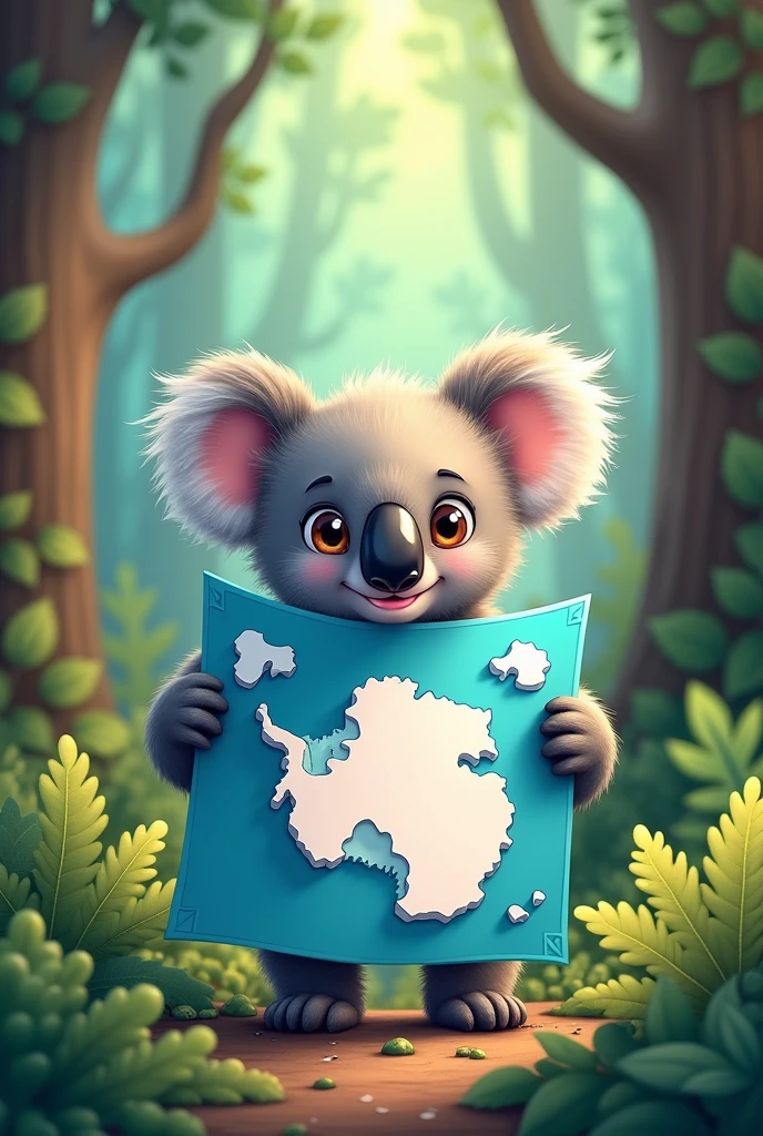 Koala in the forest with a map of Antarctica cute cartoon