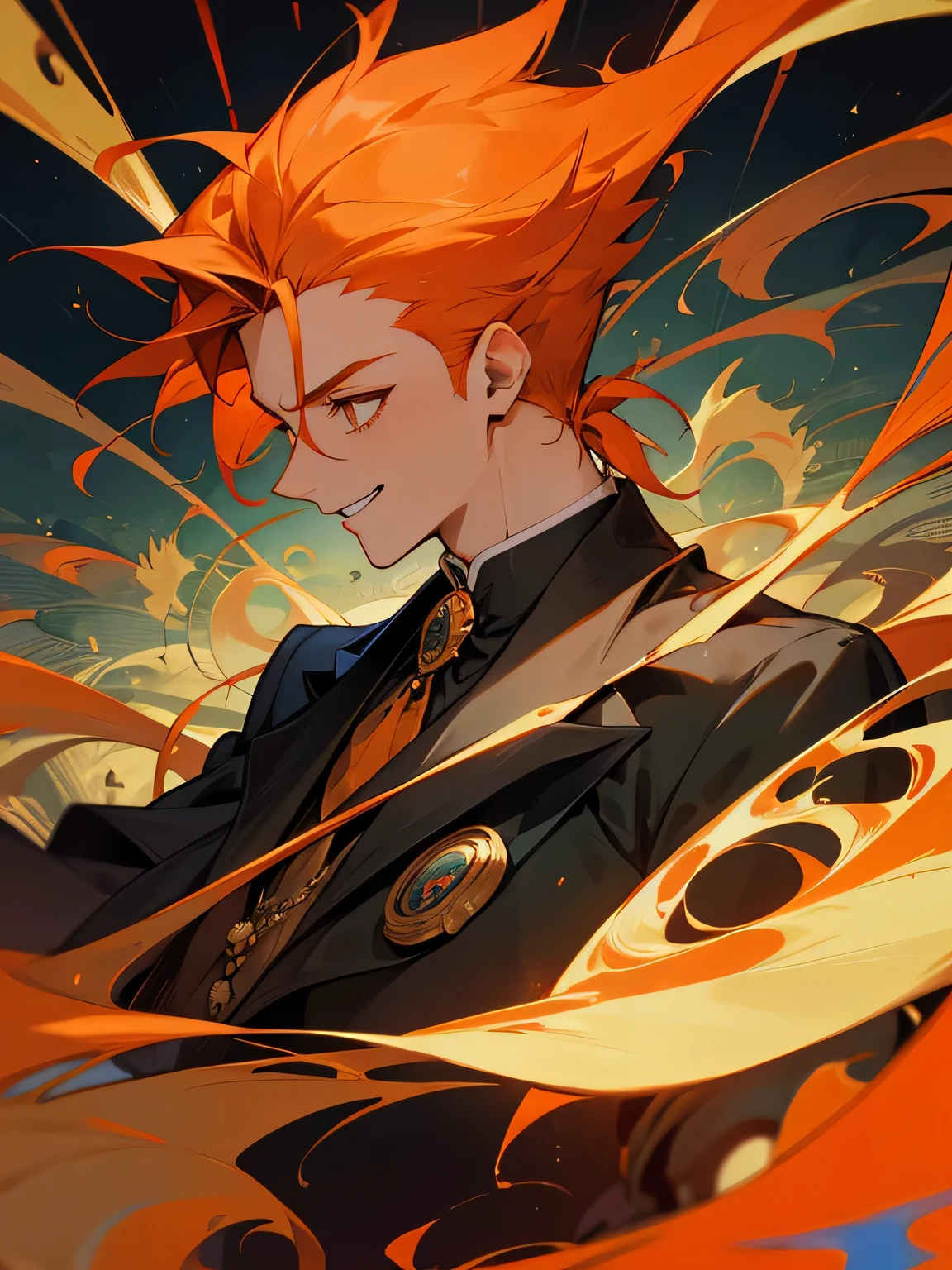 undersideview,solo, upperbody, ace of spades, orange hair, wavy spiky hair, sideshaved, grin, gentlemanly clothes, cane, circus, magician, world of many colors, colored world, kaleidoscope,
