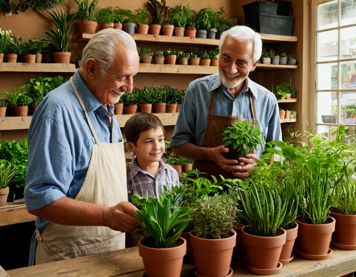 At the Plant ShopPrompt: The grandfather and the boy are at a small plant shop. The shop is filled with various plants and saplings in pots. The grandfather is selecting two small plants while the boy watches with curiosity. The shopkeeper, an older man, stands behind a wooden counter, smiling.