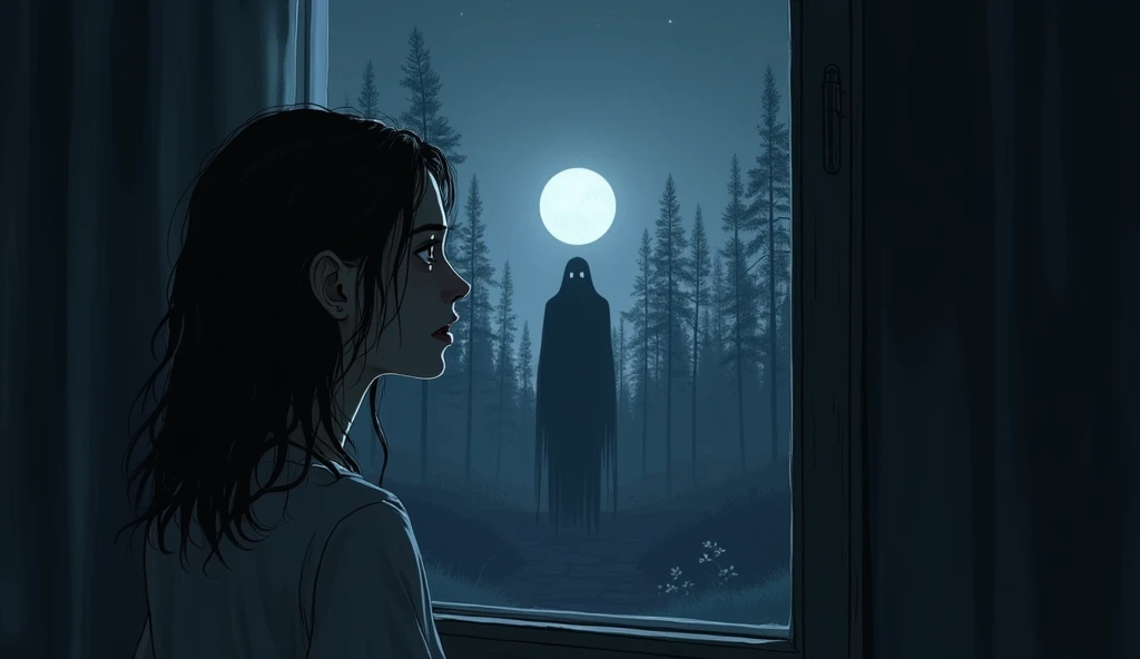 Nighttime Encounter: Looking Out the Window
In the dark of night, Lucy stands by a window, cautiously pulling the curtain aside to peek outside. Her face is pale with fear. Through the window, the viewer sees a tall, slender silhouette standing among the dark trees. The figure is unnaturally still, its arms hanging down past its knees, almost touching the ground. The moon casts a faint, eerie light, barely illuminating the figure’s blank, white face.