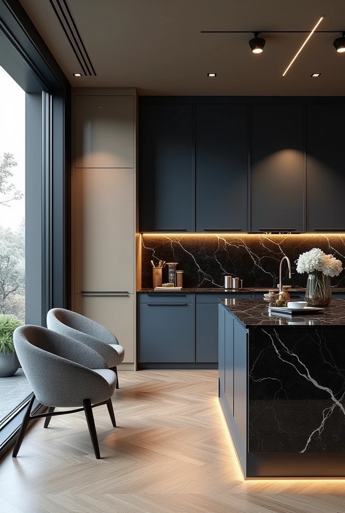 Professional 3d architecture rendering design of modern kitchen with   So dark blue vintage and dark beige  and dark gray  cabinets and  modern  so light  gray design chairs  shiny  black   marble island island and modern windows and complete showing kitchen and showing complete kitchen and modern windows 