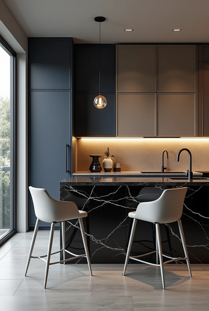 Professional 3d architecture rendering design of modern kitchen with   So dark blue vintage and dark beige  and dark gray  cabinets and  modern  so light  gray design chairs  shiny  black   marble island island and modern windows and complete showing kitchen and showing complete kitchen and modern windows 