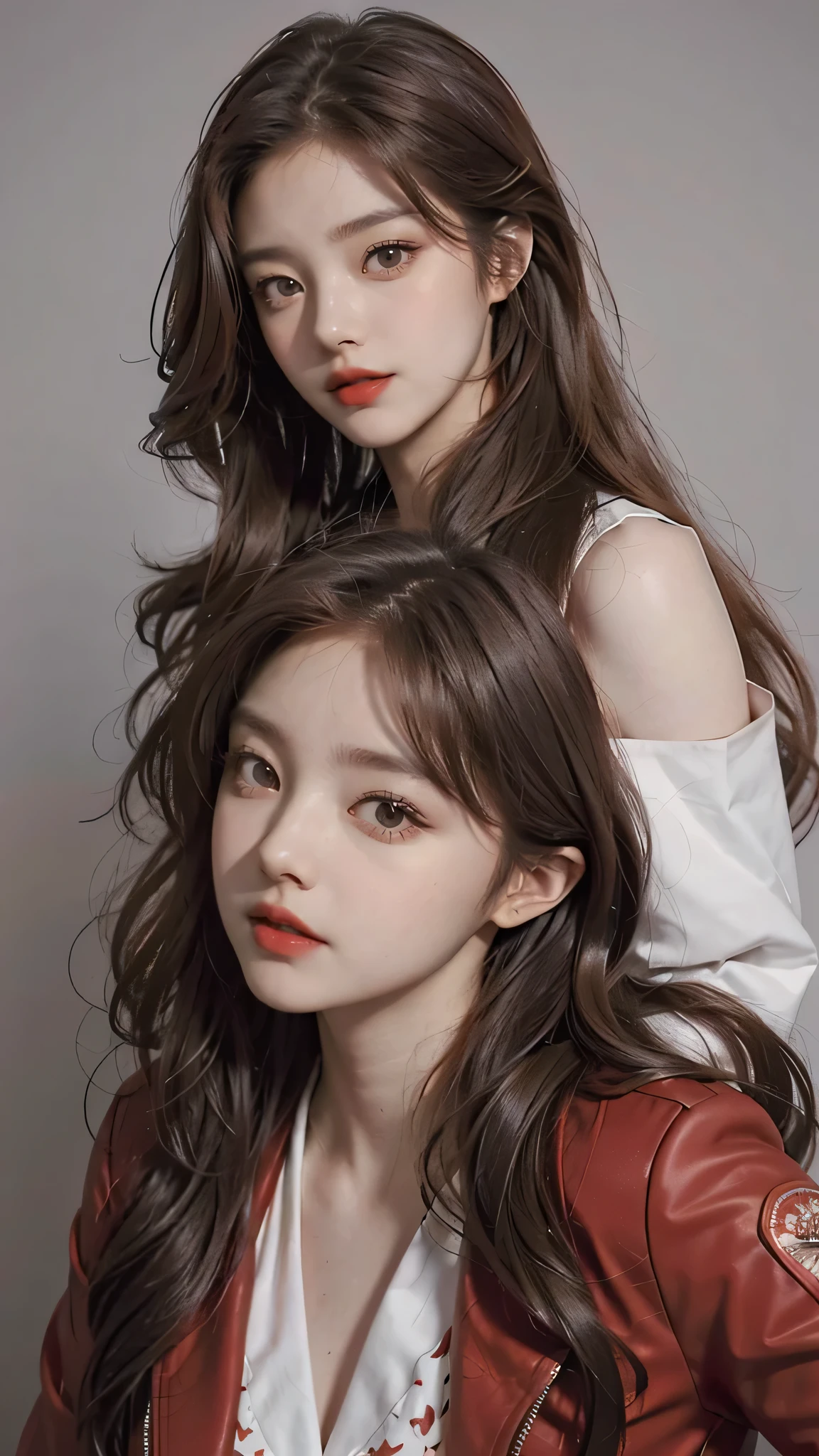 Girl wearing, luxury red coat, shoulder length hair, wavy hair, glowing skin, star in eye, red lips, grey background, cute poses