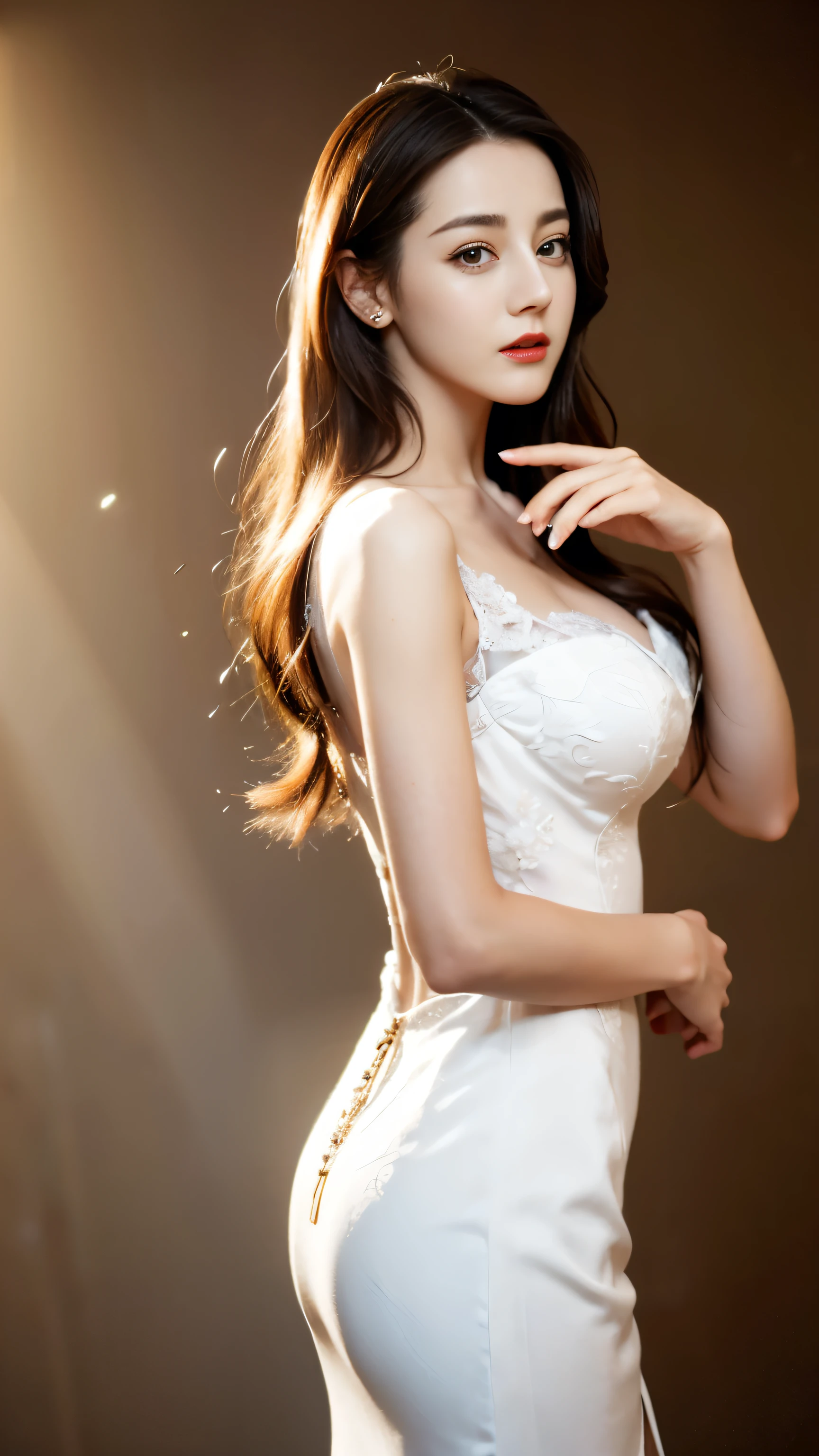 ((top quality、8k、Masterpiece:1.3))、Extremely delicate and beautiful girl,huge breasts,bigger breasts,Very white skin,fiery red lips,Waist is very thin,Thighs are very thin,White and smooth skin,Smooth and fair skin,flawless skin,Fair and shiny skin,cold white skin,The camera focuses on the chest,hazy light rays,hazy light rays,There is a pair of huge white wings on the back,blurred white background,Long white dress,light blonde hair,The hair is light blonde,Angels come