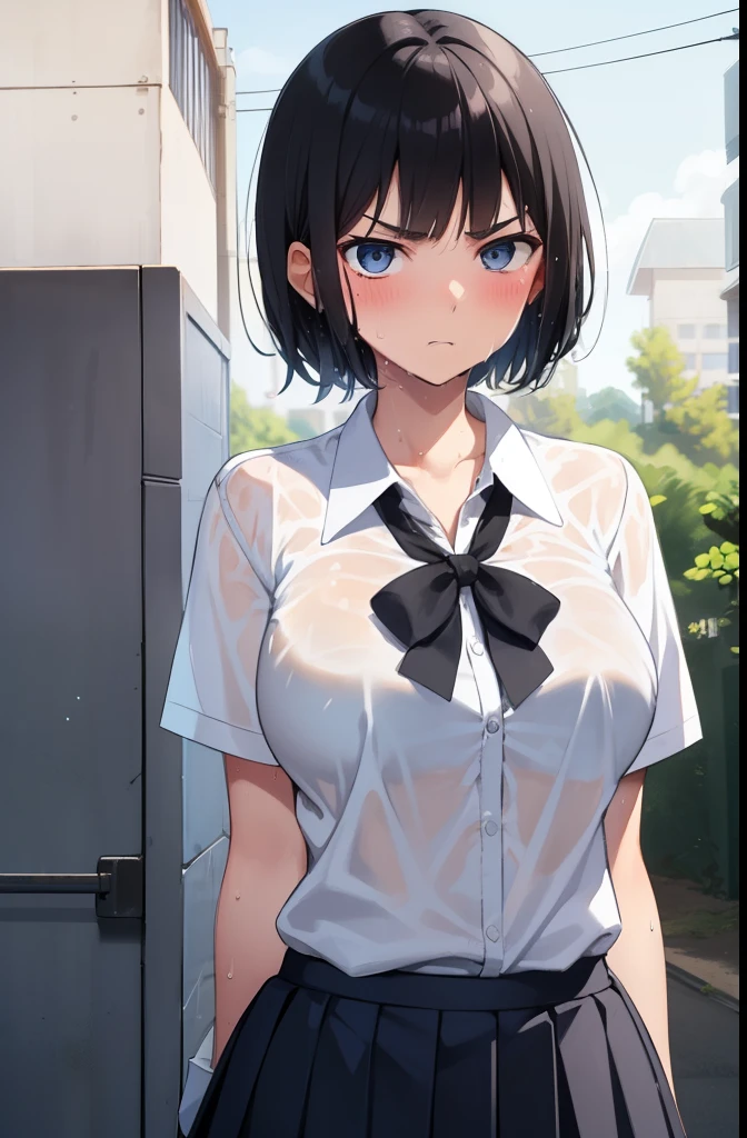 sunny,boyish,short hair,Black Hair,blue eyes, 1,High school girl 1,high school,Schoolyard,Summer uniform,mini skirt,Serious face,blush,Big Breasts,Cowboy Shot,White shirt,Gloomy face,Sweaty,Wet,