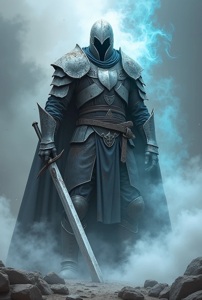 A Grey warrior standing tall two handed sword in handwarrior, dressed in grey warrior armor, a full broken helmet that tells of his past of warfare, with greyish-blue aura surrounding him, white-blue smoke in the ground and in the background of the warrior a name appears "GREY" in big texts.