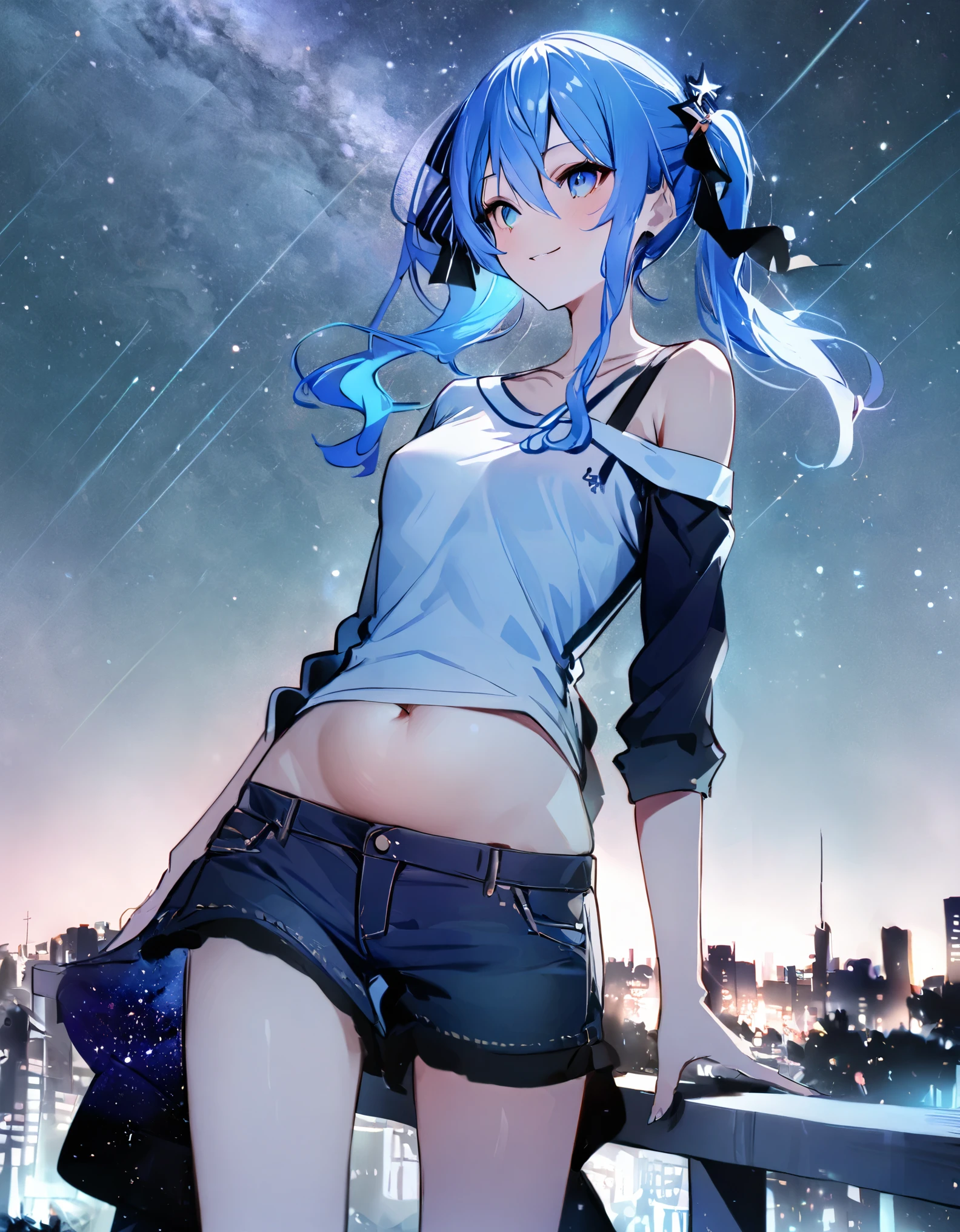 (8k、Best image quality、highest quality、masterpiece)、Detailed face、 1girl、Blue Hair、Long Hair、sideponytail、dark_blue_eyes、smile,(navel:0.6),Moderate_torso、small_breasts,((White T-shirt))、Off the shoulder、Black shoulder straps、(open_front_denim_short_shorts:1.2)、Cowboy Shot、Shoot from below、City Background, starry_sky_landscape ,hoshimachi suisei, slender,(covered_nipples:0.3), (belly button:1.2),nihil,solo,stargaze,girl_looking_up_sky,(abs:0.6)