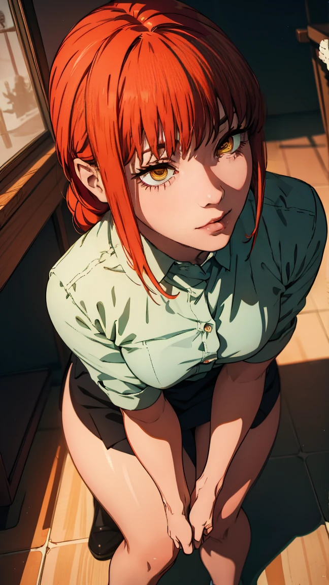 The character Makima from the anime series Chainsaw Man, fragile, full length (Full body 1.1.), dark background, darkness, Correct anatomy 1.1, holds his hands behind his back, correct hand anatomyVery sexy, erotica, very feminine, beautiful figure, legs, buttocks, beautiful body, red hair, orange eyes, Red circles for schoolchildren, summer dress, sexy pose, realistic, very detailed, beautiful body, detailed body, detailed hands, detailed, Vibrating, detailed Face, Makima character design. very detailed, detailed body, detailed hands, detailed Face, anime art, Hugh Details, Very downcast face, detailed eyes, Super thin illustration, best shadow, Fine detail, beautiful detailed glow, beautiful detailed, Extraordinarily beautiful, extremely detailed, inexpressive, epic composition, Anime style. anime art anime art, Anime style,