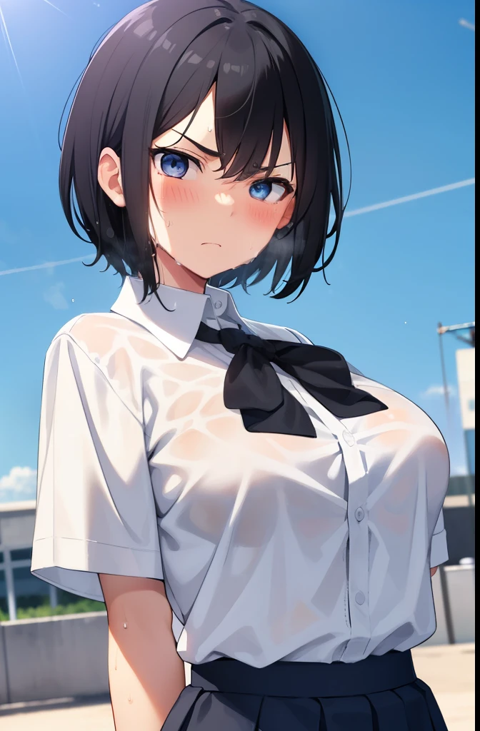 sunny,boyish,short hair,Black Hair,blue eyes, 1,High school girl 1,high school,Schoolyard,Summer uniform,mini skirt,Serious face,blush,Big Breasts,Cowboy Shot,White shirt,Gloomy face,Sweaty,Wet,