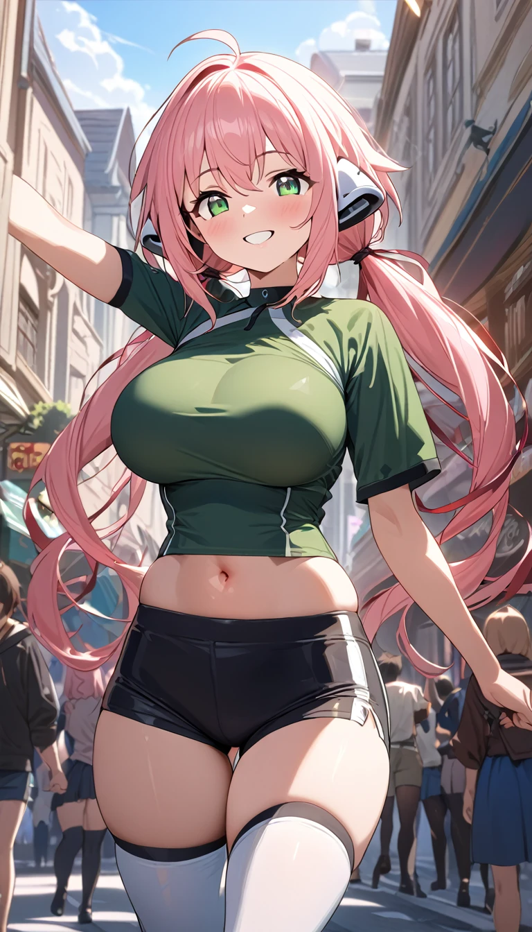 (masterpiece, top quality: 1.2), anime style, Super detail, Great lighting, (1 girl: 1.3), (High resolution:1.2),(masterpiece、premium:1.2),very detailed eyes,, perfect face, very beautiful female body, thick thighs, big chest, good lighting, cowboy shot, Alone, 1 girl, (((happy face))), standing, Dynamic pose, walking around town, Look at the spectators, short pink hair, 2 long pigtails, robot ears, Icarus (Sora no otoshimono)、green eyes, tight shorts, high thigh socks, cropped blouse, shows the navel, smiling happy, busy street in the background, schoolgirls in the background, schoolgirls walking in background