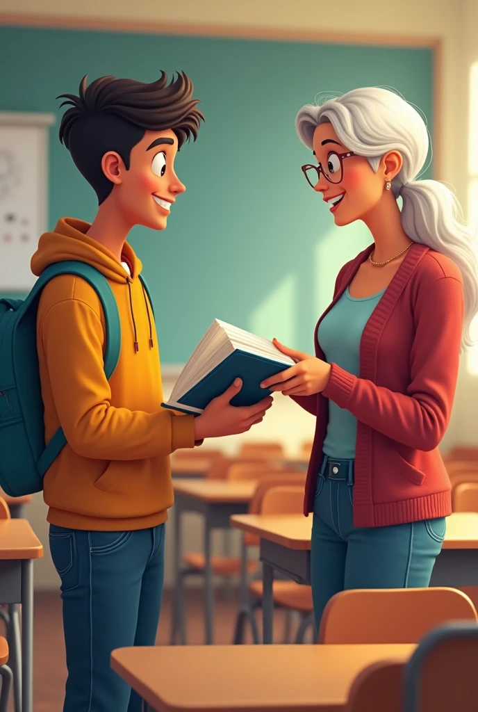 Mateo a ager ,The teacher is 50 and gives him a large print book so that Mateo can read it at his own pace.