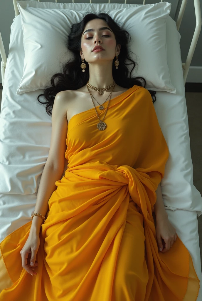 a beautiful woman in saffron saree head to leg full body displayed of her laying down in a morgue bed